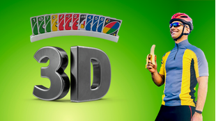 3D-печатный держатель карт для настольных игр, металлический текст '3D' и велосипедист с бананом на зеленом фоне